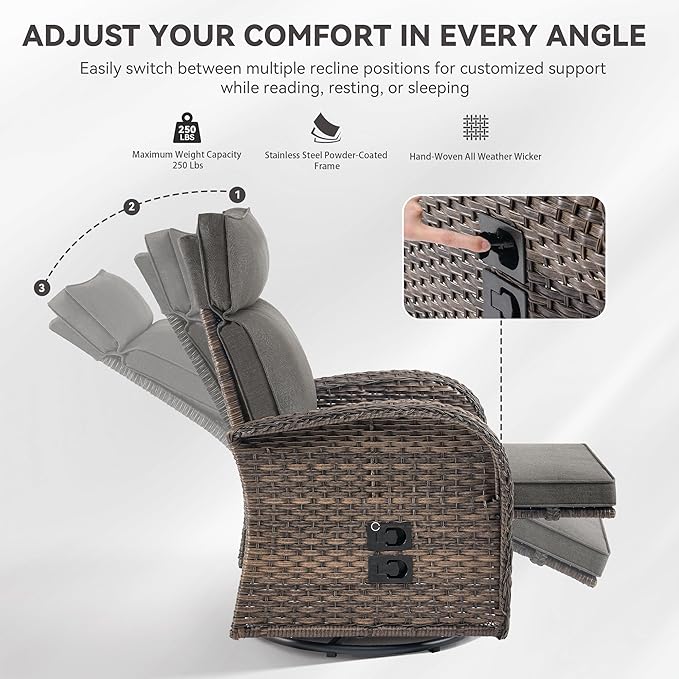 Zero Gravity Patio Swivel Rocking Recliner Chairs Set of 2 - Wicker Outdoor Lounge Chair with Adjustable Backrest & Footrest, All Weather Reclining Rocker Chairs with Thick Cushion for Pool Deck Grey - Image 6