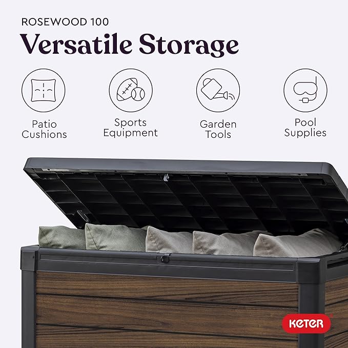 Keter Rosewood 100 Gallon Resin Deck Box Organization and Storage for Patio Furniture Outdoor Cushions, Throw Pillows, Garden Tools and Pool Toys - Image 5