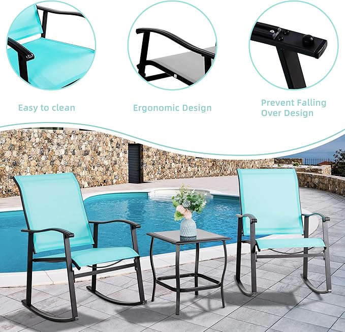 Vongrasig 3 Piece Outdoor Rocking Bistro Set, Textilene Fabric Small Patio Furniture Set, Front Porch Rocker Chairs Conversation Set with Glass Table for Lawn, Garden, Balcony, Poolside (Blue) - Image 3