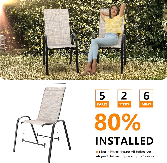 VINGLI Patio Chairs Set of 2 – Stackable Outdoor Dining Chairs with Comfortable Sling High Back Chairs and Armrests for Lawn, Poolside, Courtyard, Balcony, Garden, Yellow - Image 6