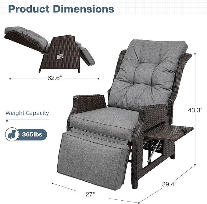 Outdoor Indoor Wicker Recliner with Adjustable Back and Footrest, Patio Reclining Chair with Flip-up Table, Outdoor Rattan Lounge Chair, Grey - Image 2