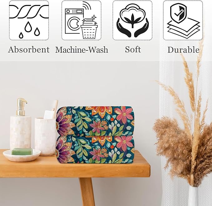Boho Flowers Bathroom Hand Towel Set of 2, Vintage Colorful Floral Fingertip - Image 4