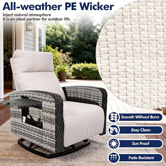Outdoor Recliner Chair, Wicker Patio Recliners with Adjustable Backrest and Extended Foot Rest, Reclining Patio Chairs with Flip Table & Removable Cushion Cover for Porch - Image 5