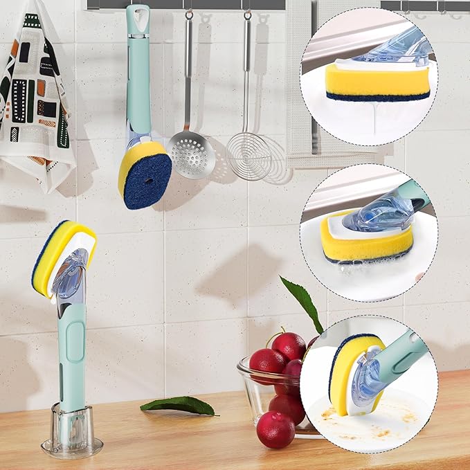 Dish Brush with Soap Dispenser Storage Set with 2 PCS Sponge Refills & Holder - Image 7