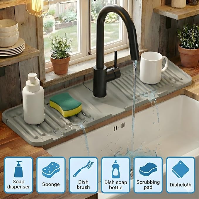 Silicone Faucet Mat for Kitchen Sink Splash Guard, 2-Piece Set – Each – 5° - Image 3