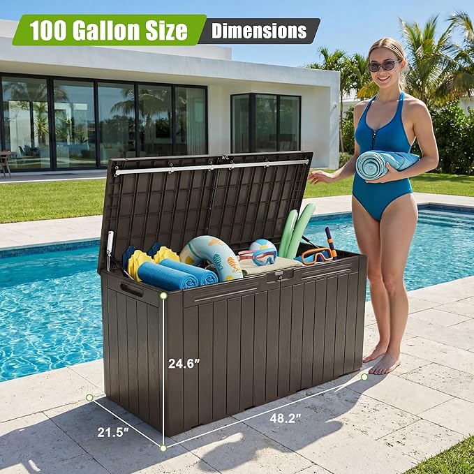 Flamaker Resin Deck Box 100 Gallon Large Lockable Outdoor Storage Box Waterproof for Patio Cushions, Tools, Pool Accessories (Deep Brown) - Image 2