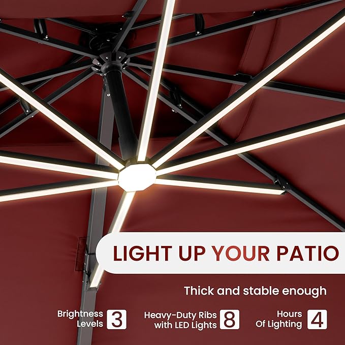 10 X 13 FT Cantilever Patio Umbrella with Led Lights and Base Included Outdoor Heavy Duty Double Top Rectangle Offset Umbrellas with 360-degree Rotation for Pool Deck Backyard, Wine Red - Image 2