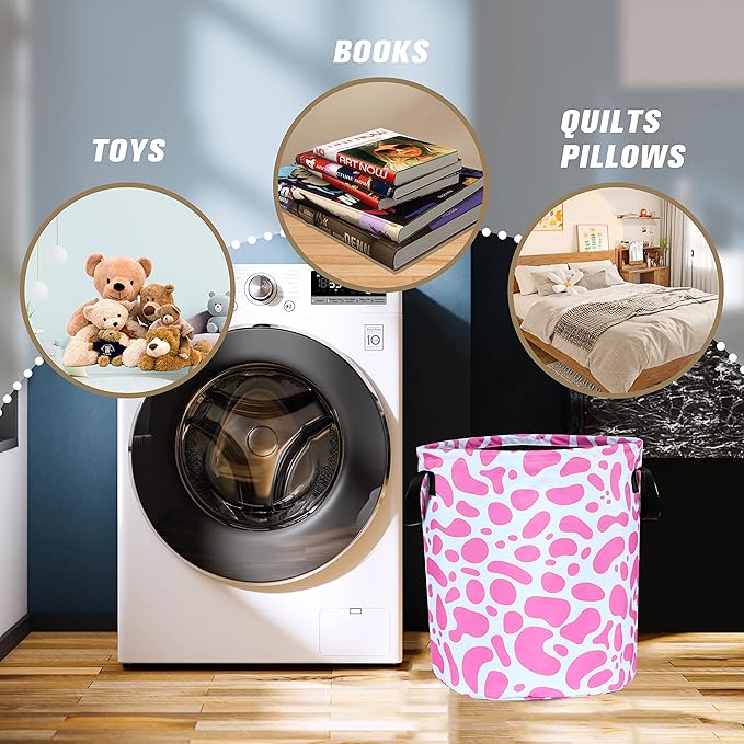 Pink Cow Print Laundry Basket Animal Foldable Oxford Cloth Funny Tote Bag - Image 5