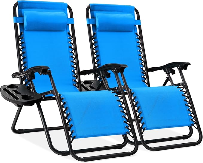 Best Choice Products Set of 2 Adjustable Steel Mesh Zero Gravity Lounge Chair Recliners w/Pillows and Cup Holder Trays - Light Blue by BestChoiceProducts