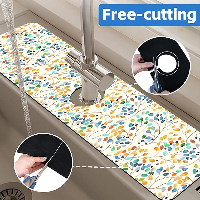 Abstract Watercolor Leaves Sink Faucet Absorbing Mat Sink Splash Guard Faucet - Image 7