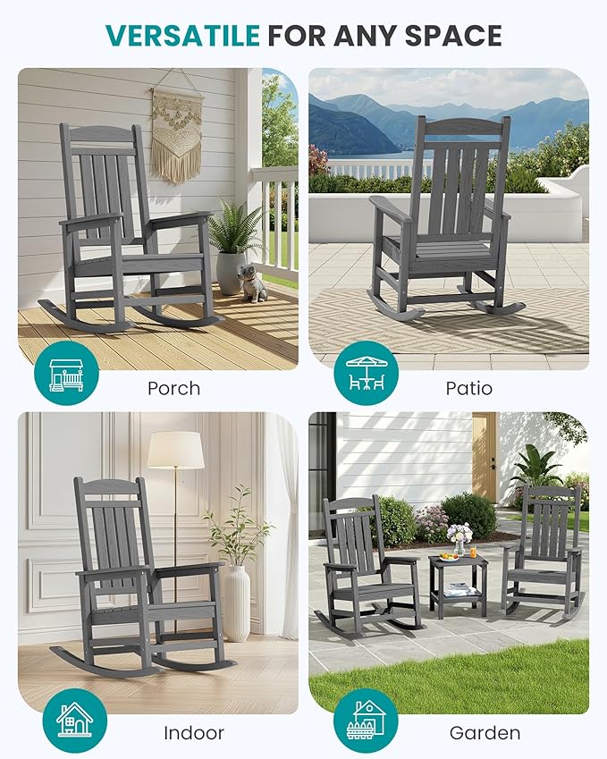 SERWALL Outdoor Rocking Chair Set of 2, HDPE Patio Rocking Chair, All-Weather Porch Rocker for Balcony, Yard, Dark Gray - Image 9