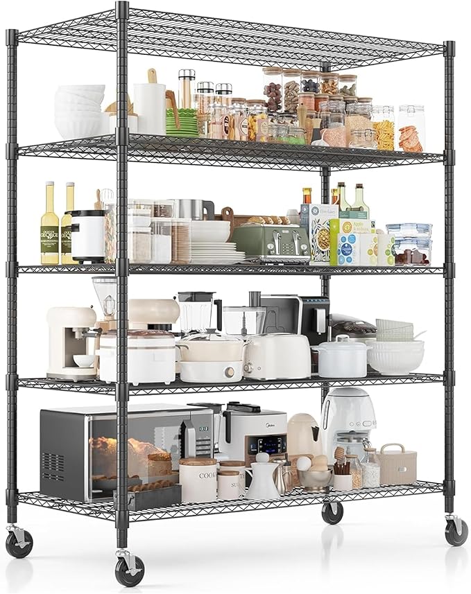 Xcity Storage Shelves, 5 Tier Heavy Duty Metal Shelving Unit with Wheels, 3000 LBS Capacity Adjustable Steel Wire Shelf Organizer for Pantry, Kitchen, Garage, 24" D x 55" W x 72" H, Black by Unknown