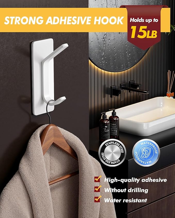 Auxmir Self Adhesive Hooks for Hanging 15lb, Stainless Steel Wall Hooks for - Image 2