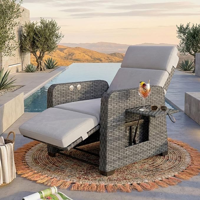 WACASA Outdoor Recliner Chair with Independent Dual-Control – 150° Lay-Flat Wicker Patio Armchair with Air Pump, Flip-Up Side Table, Extended Footrest & 5" Thick Fade-Resistant Olefin Cushions by WACASA