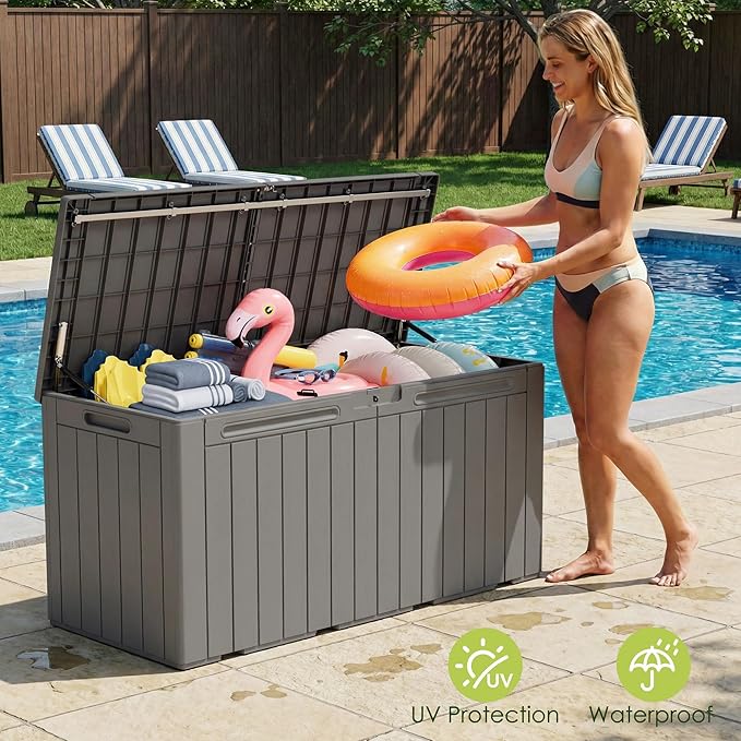Devoko 100 Gallon Outdoor Storage Box, Waterproof Resin Deck Box for Patio Furniture, Lockable Container for Garden Cushions & Pool Supplies (Light Brown, 100 Gallon) - Image 3
