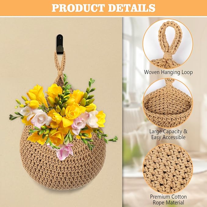 Hanging Fruit Baskets for Kitchen, 3 Pack Boho Wall Hanging Basket for Fruits & - Image 3