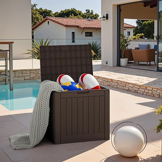 JUMMICO 42 Gallon Deck Box Waterproof, Resin Outdoor Storage Box with Side Handles, Outdoor Storage Benches Lockable for Patio Cushions and Garden Tools (Brown) - Image 4