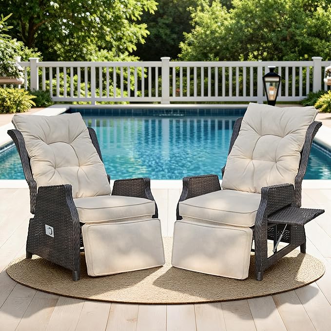 Outdoor Indoor Wicker Recliner with Adjustable Back and Footrest, Patio Reclining Chair with Flip-up Table, Outdoor Rattan Lounge Chair, Beige 2PCS by COMLAXFIELD