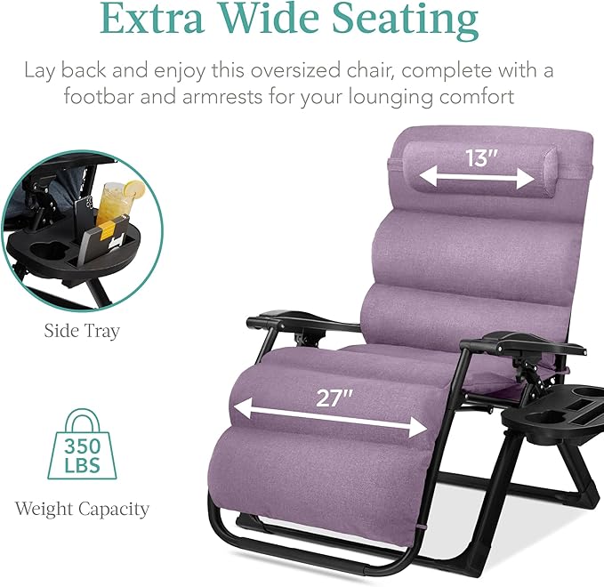 Best Choice Products Oversized Zero Gravity Chair, Folding Outdoor Patio Recliner, XL Anti Gravity Lounger w/Removable Cushion, Cup Holder, Side Tray, 350lb Capacity - Lavender - Image 5