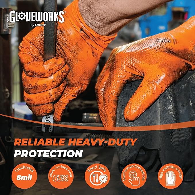 GLOVEWORKS 8 Mil Orange Nitrile Disposable Gloves Heavy Duty Industrial RDT - Image 2