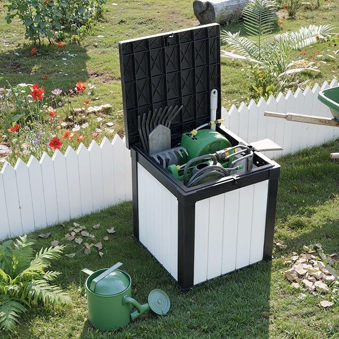DRATO 51 Gallon Deck Boxes Resin Outdoor Storage Box UV Resistant Outside Deck Box with Lockable Lid for Patio Furniture（Black and White，51 Gallon） - Image 5