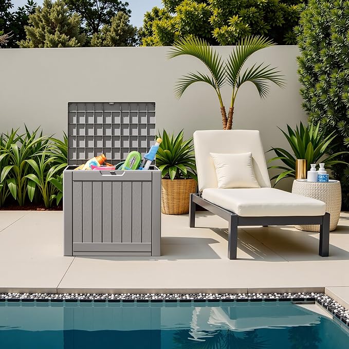Flamaker Resin Deck Box 40 Gallon Waterproof Outdoor Indoor Storage Box Imitation Wood Resin for Patio Furniture Garden Tools and Pool (Gray) - Image 2