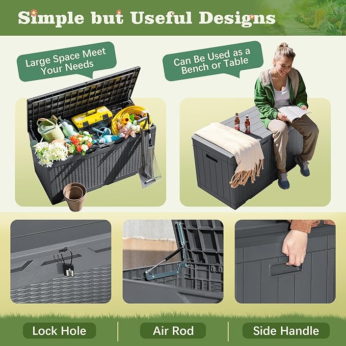 Flamaker Outdoor Storage Box 100 Gallon Waterproof Resin Deck Box Delivery Box with Air Rod Indoor Outdoor Lockable Storage Bench for Patio Cushions, Tools, Pool Accessories (Gray) - Image 4
