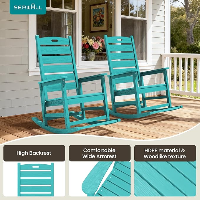 SERWALL Outdoor Rocking Chair Set of 2, Oversized Rocking Chair with Footboard for Adults, HDPE All Weather Resistant Rocking Chairs for Patio, 350lbs Weight Capacity,Aruba - Image 9