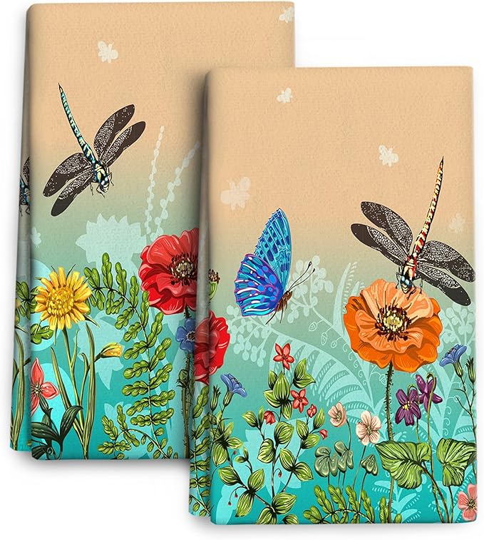 Dragonfly Floral Kitchen Towel Decorative Set of 2 Soft Absorbent Hand Towels by Wovoto