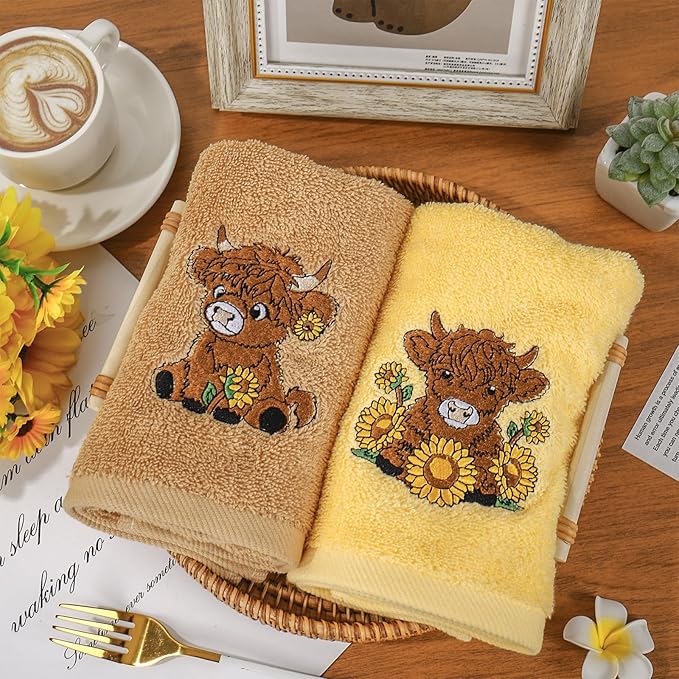 3Pcs Highland Cow Sunflower Hand Towels Cotton Embroidered Bathroom Towels - Image 4