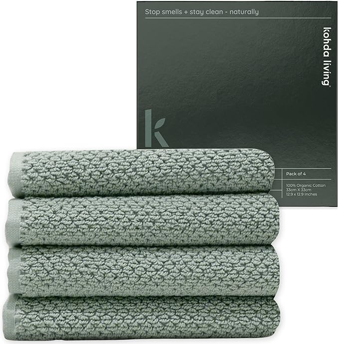 Luxury Silver-Infused Sage Green Washcloth Set of 4, 12.9"x12.9" by KohdaLiving