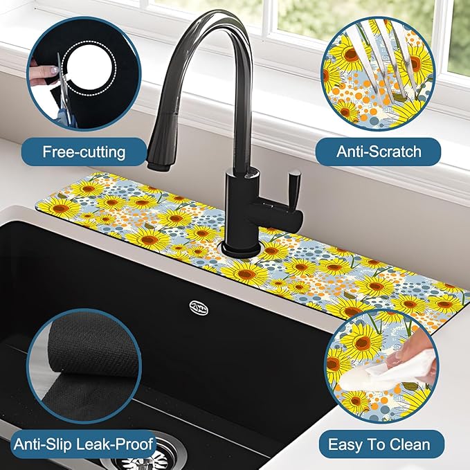 Watercolor Sunflowers Sink Splash Guard Faucet Mat Sunflowers Polka Dots Super - Image 4