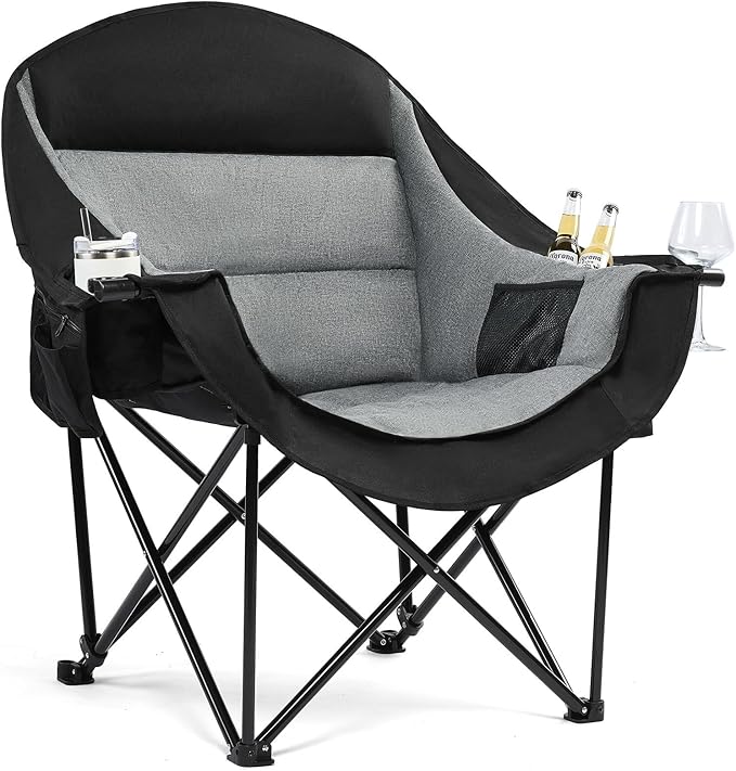 Oversized Camping Chairs for Adults - Heavy Duty Padded Outdoor Folding Lawn XL Camp Chair with Cup Holder Cooler Pockets for Outside Sports Beach Fishing Garden Portable Supports 500lbs, Black by PUVASIA