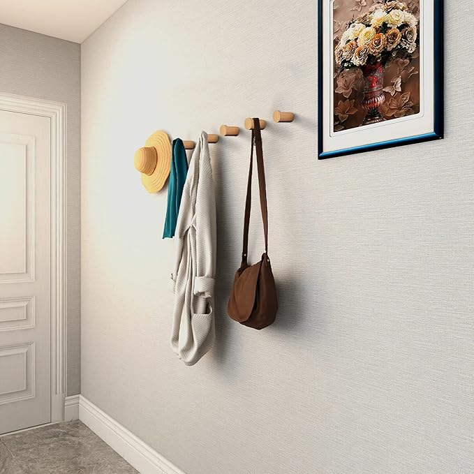 Wood Wall Hooks 6 Pack, Natural Wooden Coat Hooks Wall Mounted, Handmade Rustic - Image 2