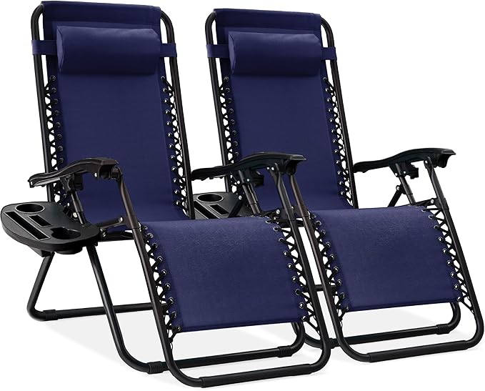 Best Choice Products Set of 2 Adjustable Steel Mesh Zero Gravity Lounge Chair Recliners w/Pillows and Cup Holder Trays - Navy Blue by BestChoiceProducts