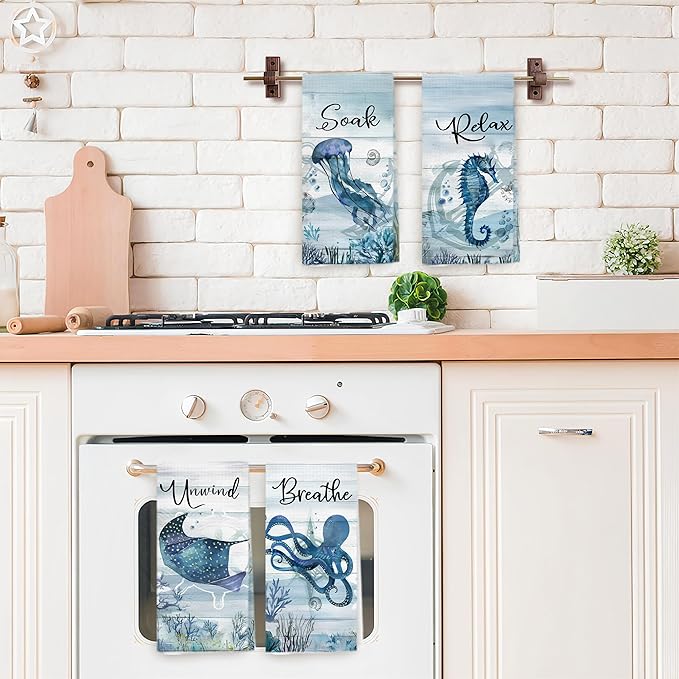 Nautical Hand Towels, Coastal Beach Bathroom Decor, Manta Ray Octopus Jellyfish - Image 5