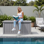 Flamaker Resin Deck Box 250 Gallon, Waterproof Imitation-Wood Lockable Storage Box with Separator Plate Outdoor Indoor, Garden, Patio Furniture for Tools&Pool Accessories (Gray) - Image 7