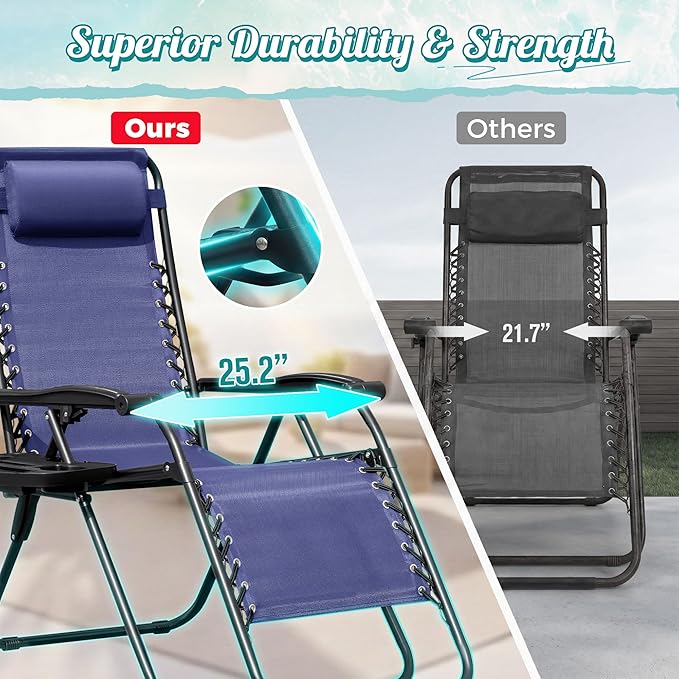 Homall Zero Gravity Chair Patio Folding Lawn Outdoor Lounge Gravity Camp Reclining Lounge Chair with Cup Holder Pillows for Poolside Backyard and Beach Set of 2 (Blue) - Image 4