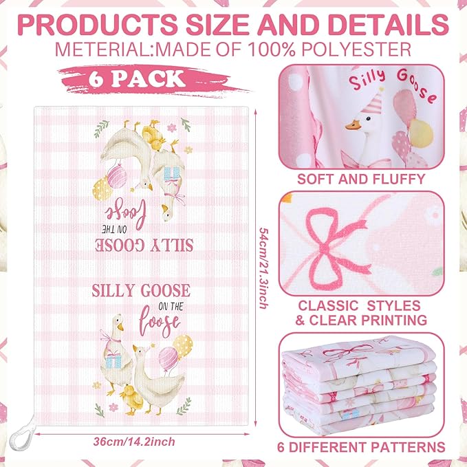Breling Set of 6 Silly Goose Kitchen Towels Funny Goose Dish Towel Decor Pink - Image 2
