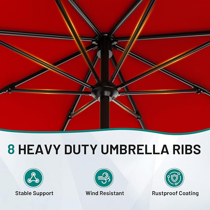AreShark 9 FT Patio Umbrella for Outdoor, Outdoor Table Umbrella with Push Button Tilt and Crank, Outdoor Patio Umbrellas with 8 Sturdy Ribs for Market, Garden, Pool (Red) - Image 3