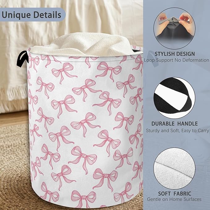 Cute Pink Bow Laundry Basket, Foldable Oxford Cloth Tote Bag Laundry Hamper - Image 3