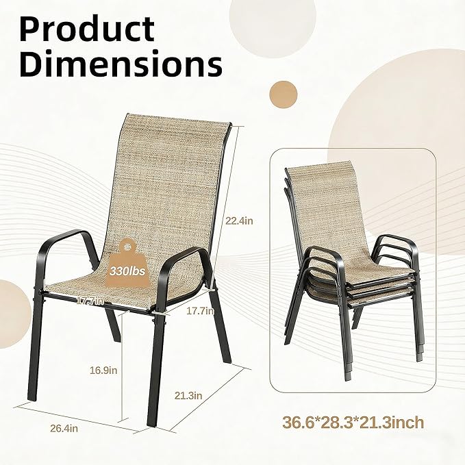MAMIZO Patio Dining Chairs, Stackable All Weather Teslin Chair, Heavy Duty Outdoor Breathable Chairs Set, w/Armrests, Upgraded Chair FeetW/Strenthened Iron Spacers, 330 LBS (6, Brown) - Image 2