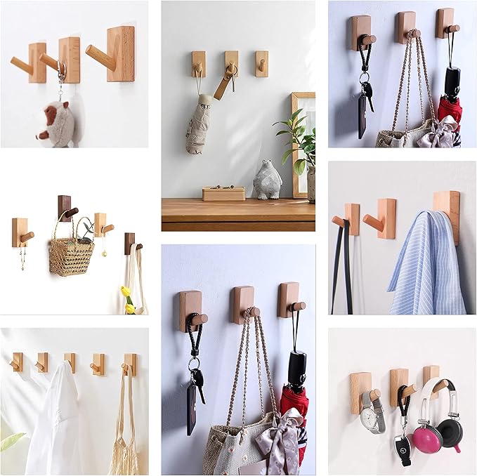 HomeDo 10Pack Adhesive Wall Hooks Hat Rack, Wooden Coat Hooks Wall Mounted - Image 6