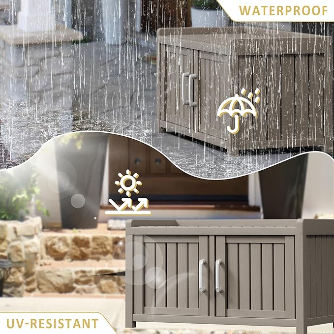 Storage Bench - 2 Doors Waterproof Resin Shoe Bench with Adjustable Shelves - Indoor & Outdoor Use, Entryway Bench with Seating for Bedroom, Living Room, Hallway - Grey - Image 7