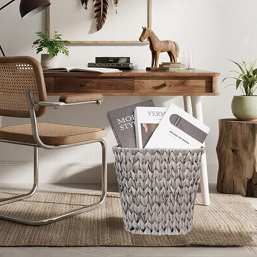 Wicker Trash Can, Waterproof Bathroom Waste Basket, Plastic Wicker Woven Waste - Image 7