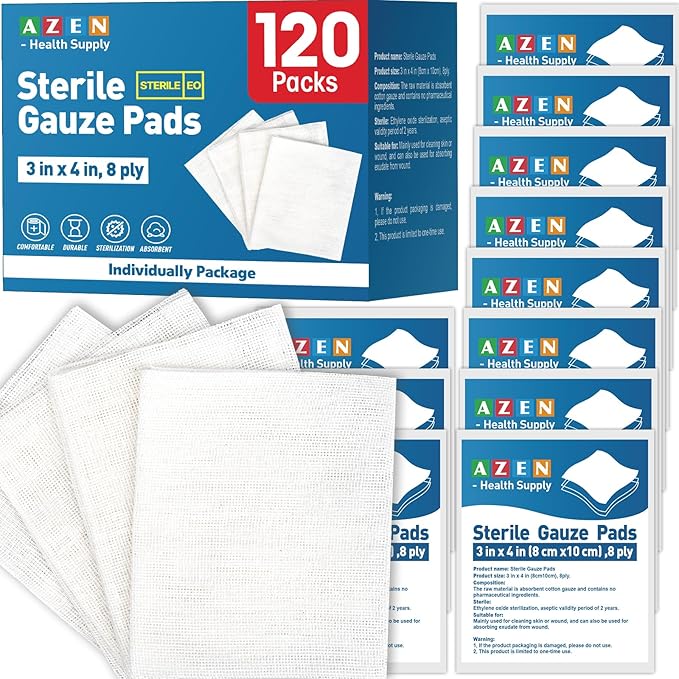 AZEN 120 Pack Sterile Gauze Pads, 8-Ply Cotton Gauze Sponges by AZEN