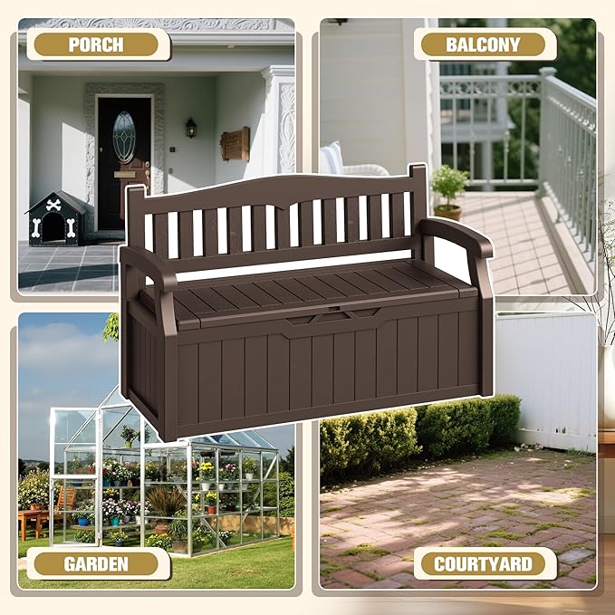 80-Gallon Outdoor Storage Bench, Waterproof Deck Box with Lockable Lid & Armrests for Patio, Garden, Pool, Brown - Image 5