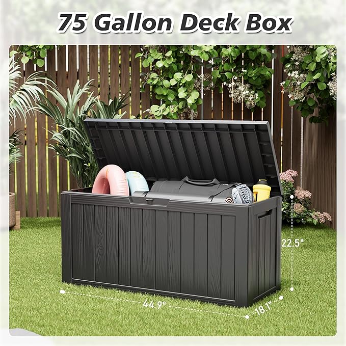 Outdoor Storage Box, Resin Deck Boxes Indoor and outdoor, Waterproof Storage Box Lockable Lid (Black, 75 Gallon) - Image 2
