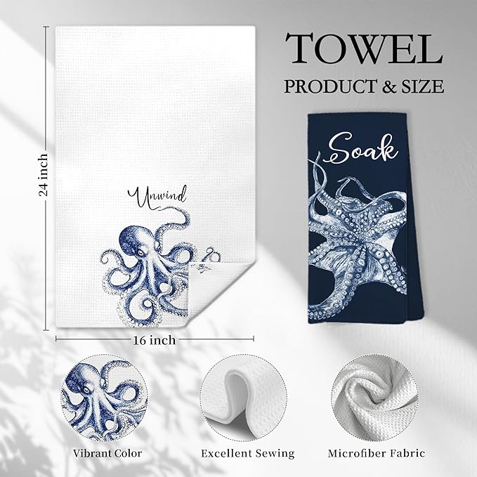 Navy Blue Octopus Coastal Beach Hand Towels, Ocean Octopus Unwind Breathe Relax - Image 2