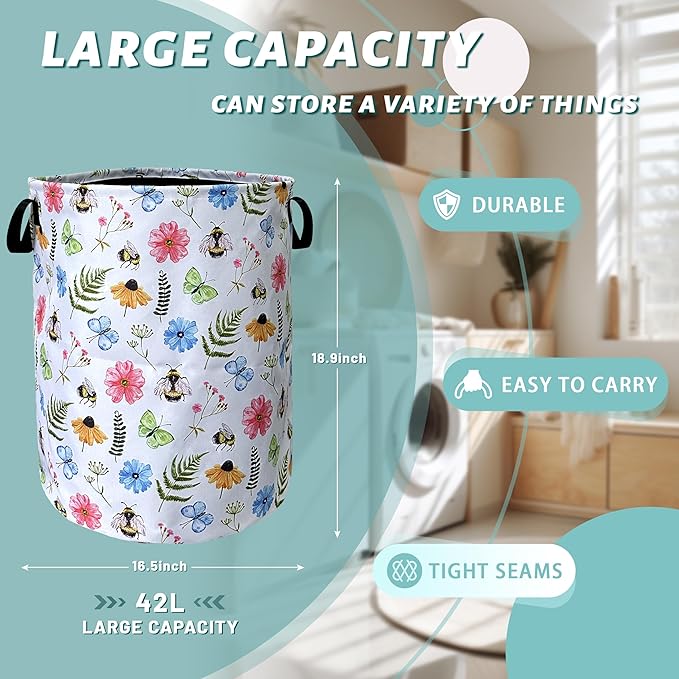 Cute Bee Floral Flowers Laundry Basket Foldable - Image 2